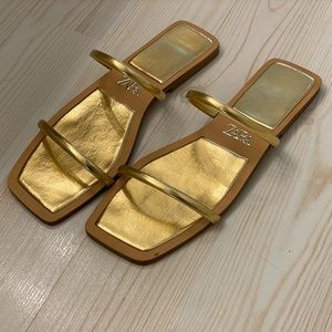 Zara gold two thin strap strappy flat sandals Size 8 39